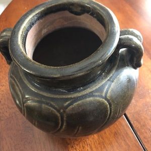 Hand thrown handled pot patterned brown
